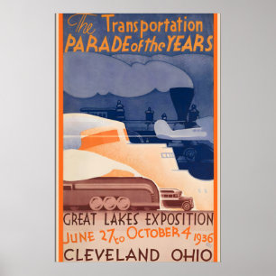 Affiche Grande Exposition des Lacs 1936 Cleveland Ohio Éta