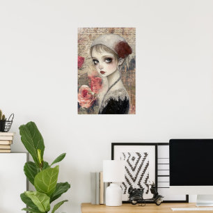 Affiche Grande fille victorienne gothique et fleurs