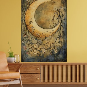 Affiche grande lune croissante entourée de délicates fleur