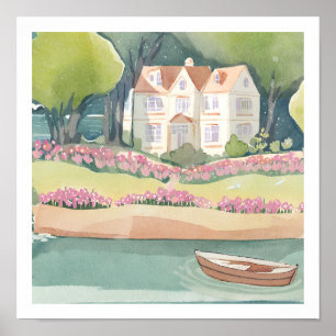 Affiche Grande maison au bord du lac et du bateau