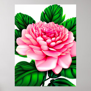 Affiche Grande pivoine rose avec Feuilles vert émeraude