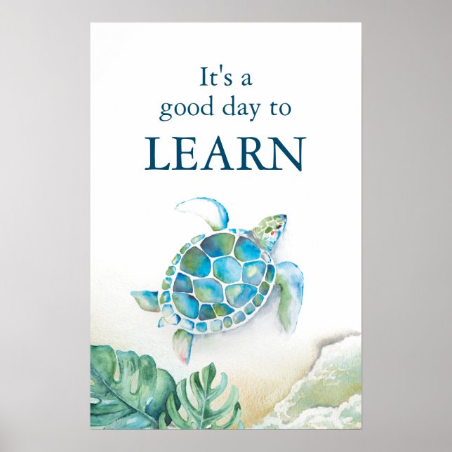 Affiche Grande Tortue marine à l'aquarelle et feuilles de  (Devant)