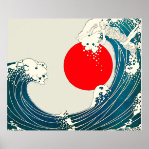 Affiche GRANDE VAGUE ET ROUGE SOLEIL Bleu Blanc Nautique
