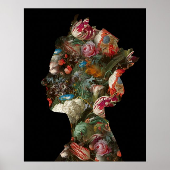 Affiche Grandes fleurs de silhouette de la reine Elizabeth (Devant)