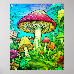 Affiche Grands et petits champignons Fond noir sur un mur