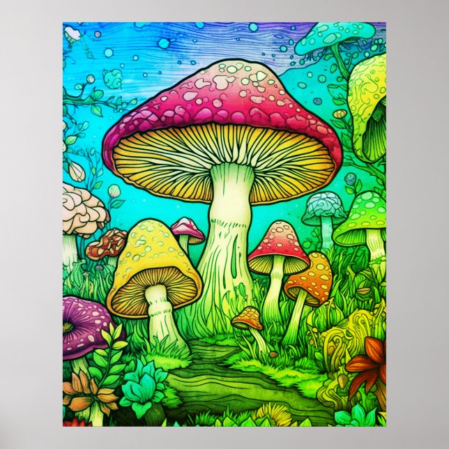 Affiche Grands et petits champignons Fond noir sur un mur (Devant)