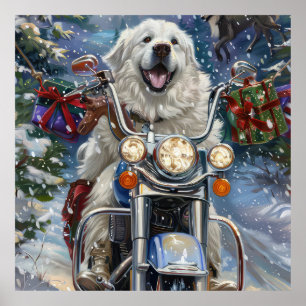 Affiche Grands Pyrénées Chien Conduisant une Moto Noël