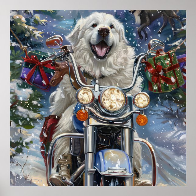 Affiche Grands Pyrénées Chien Conduisant une Moto Noël (Devant)