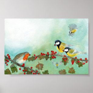Affiche Grands Tit Birds, Red Robin & Hawthorn Berries