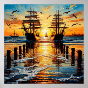 Affiche Grands voiliers historiques naviguant au coucher d