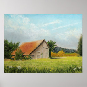Affiche Grange à toits rouges dans le pré Imprimer
