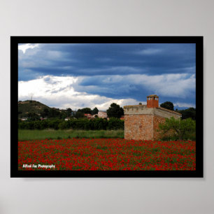 Affiche Grange de campagne dans un champ de coquelicots