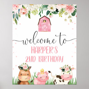 Affiche Grange rose Floral Animaux de ferme Anniversaire B