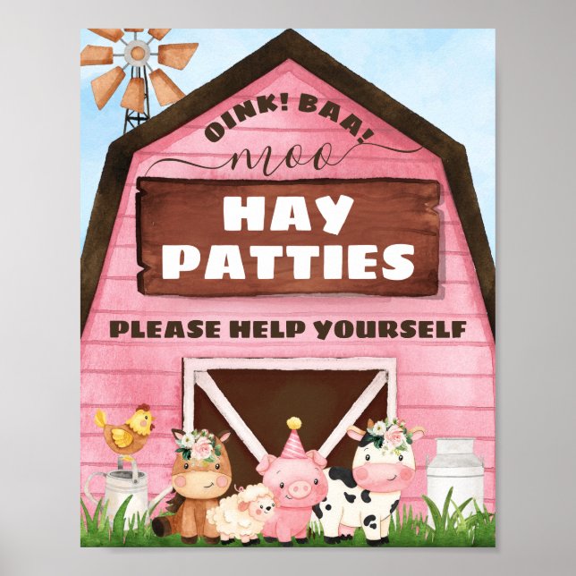 Affiche Grange rose Oink Baa Moo Animaux de ferme Annivers (Devant)