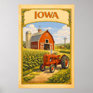 Affiche Grange rouge de l'Iowa et tracteur classique vinta