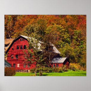 Affiche Grange rouge en automne