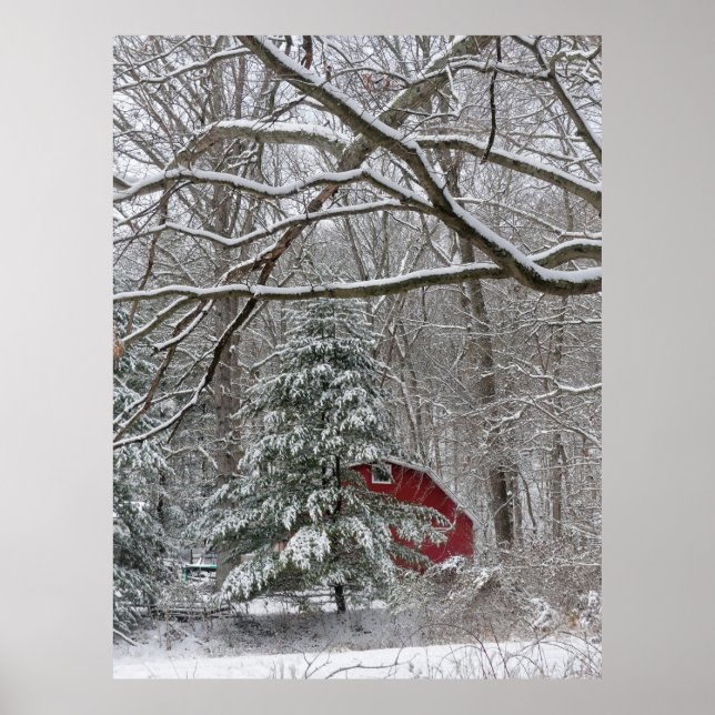Affiche Grange rouge neigeuse (Devant)