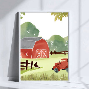 Affiche Grange rouge   Peinture aquarelle de tracteur de f