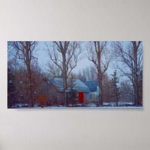 Affiche Grange rouge rustique en hiver en hiver