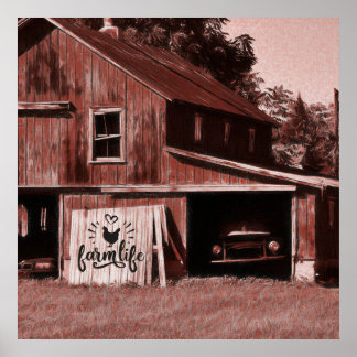 Affiche Grange Vieille Ferme Antique Rouge