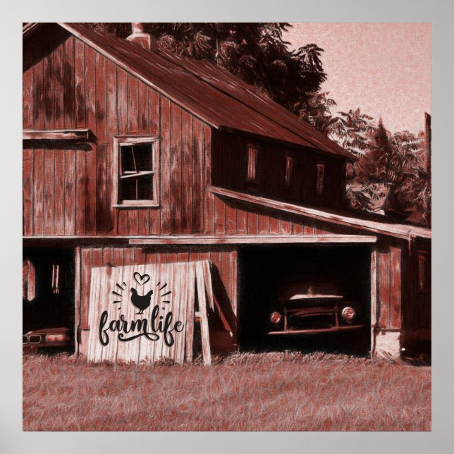 Affiche Grange Vieille Ferme Antique Rouge (Devant)