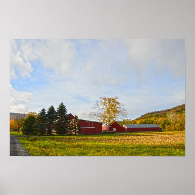 Affiche Granges rouges du Vermont en automne (Devant)