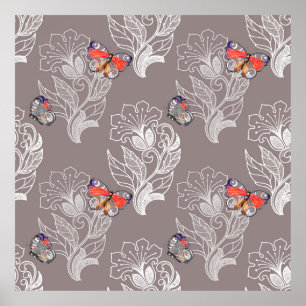 Affiche Graphique à fleurs et papillon, aquarelle, motif