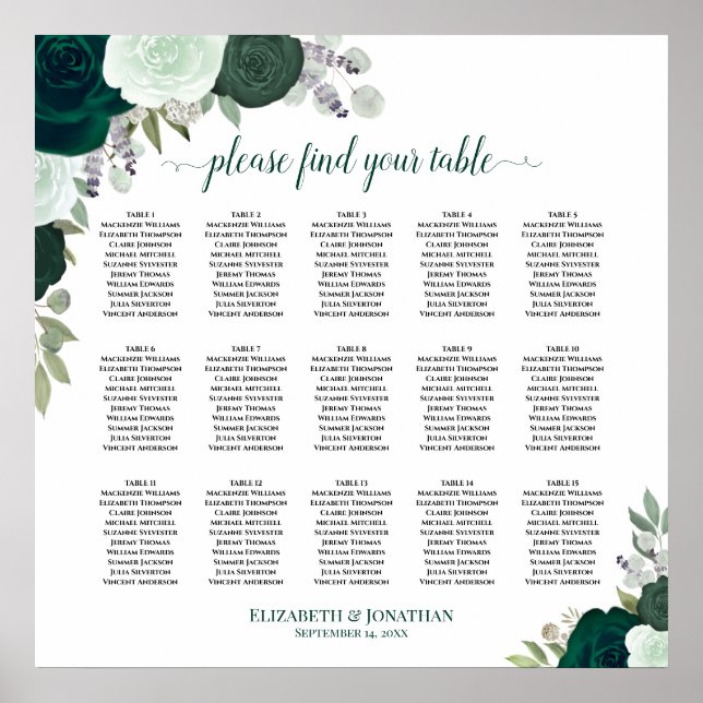 Affiche Graphique de placement 15 tables Roses émeraude Ch (Devant)