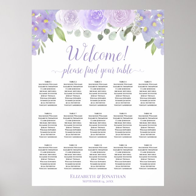 Affiche Graphique de placement 15 tables Roses lavande Boh (Devant)