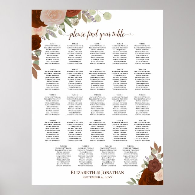 Affiche Graphique de placement 24 tables mariage floral au (Devant)