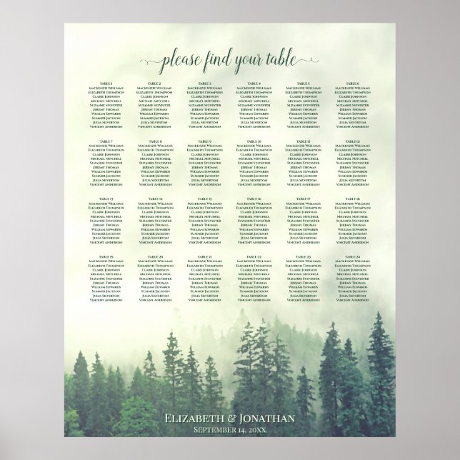 Affiche Graphique de placement de mariage à 24 tables Pins (Devant)