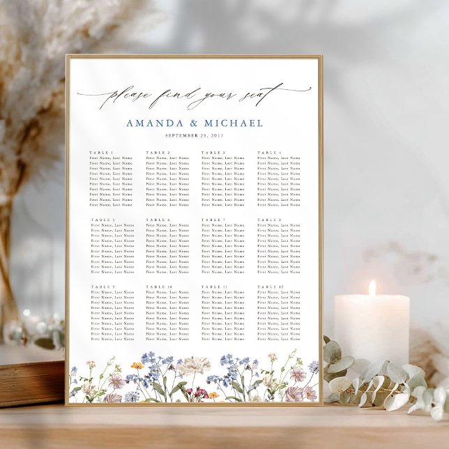 Affiche Graphique de placement de mariage à fleurs sauvage (Colorful Spring Wildflower garden Wedding downloadable Seating Chart poster )