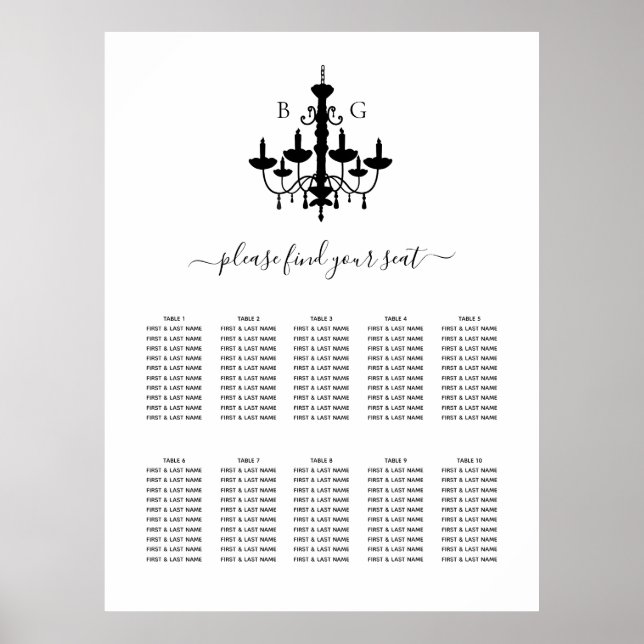 Affiche Graphique de placement de mariage à lustre noir et (Devant)