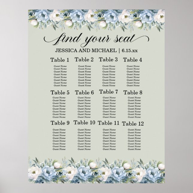 Affiche Graphique de placement de mariage au sage vert pou (Devant)