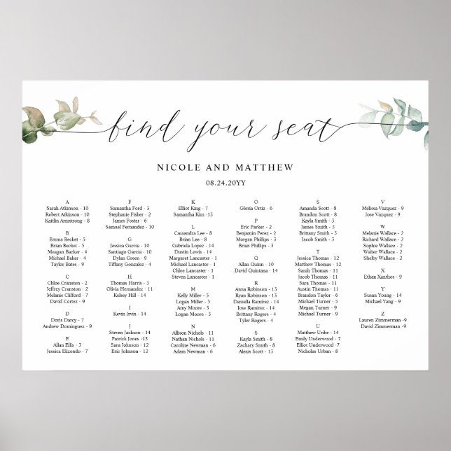 Affiche Graphique de placement de mariage chic par ordre a (Devant)