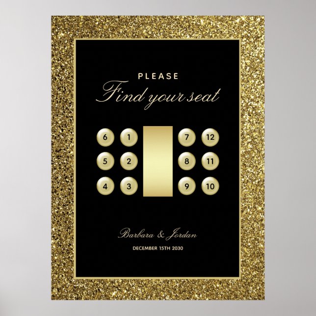 Affiche Graphique de placement de mariage élégant noir et  (Devant)