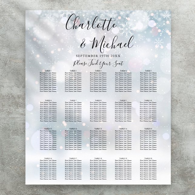 Affiche Graphique de placement de mariage en écriture Floc (Winter Snowflakes Script Wedding Seating Chart)