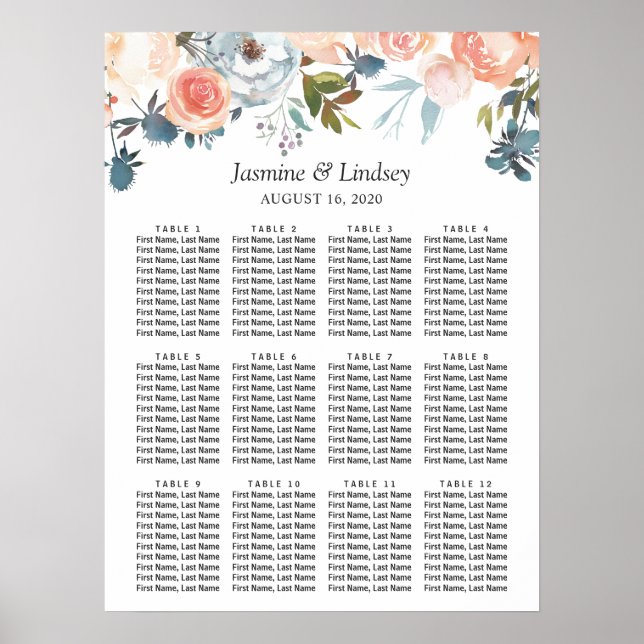 Affiche Graphique de placement de mariage floral aquarelle (Devant)