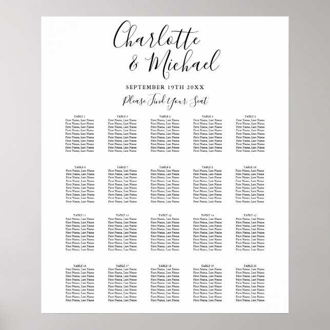 Affiche Graphique de placement de mariage signature noir e (Devant)