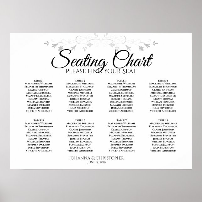 Affiche Graphique de placement de mariage simple noir et b (Devant)