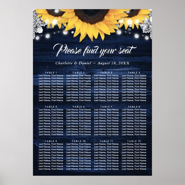 Affiche Graphique de placement de mariage Tournesol Bois B (Devant)