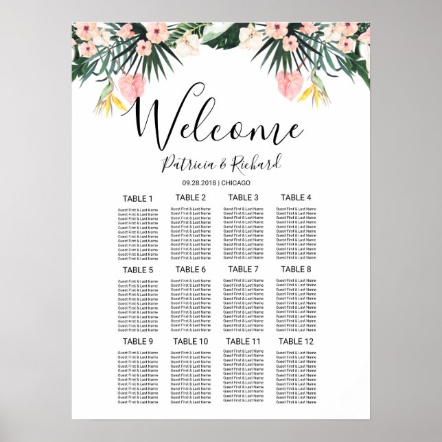 Affiche Graphique de placement de mariage tropical floral  (Devant)