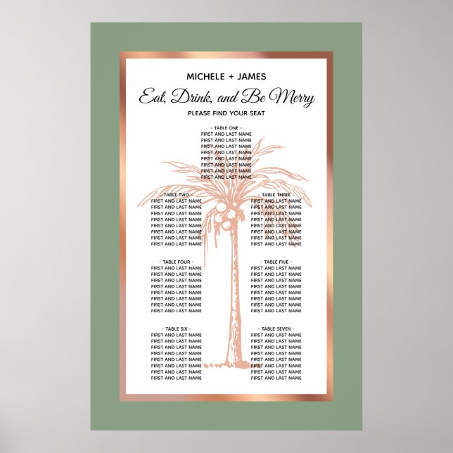 Affiche Graphique de placement de mariage tropical Palm or (Devant)