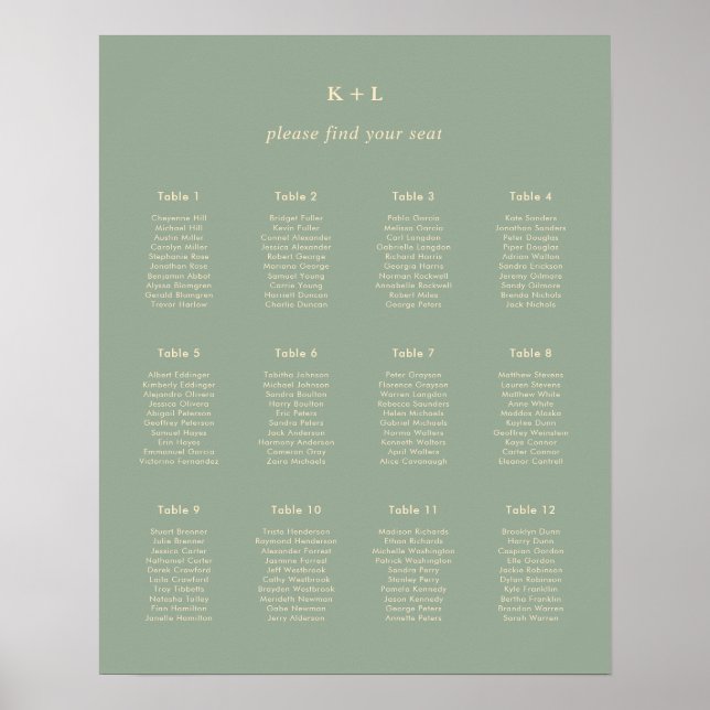 Affiche Graphique de placement de mariage vert sauge simpl (Devant)