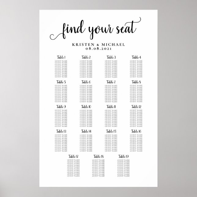 Affiche Graphique de placement des invités de mariage à 19 (Devant)