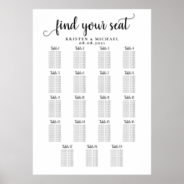Affiche Graphique de placement des invités de mariage à 19 (Devant)
