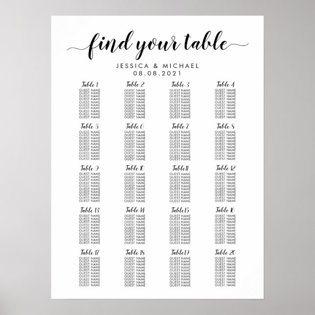 Affiche Graphique de placement des invités de mariage à 20 (Devant)