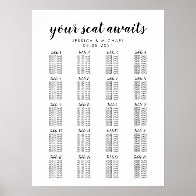 Affiche Graphique de placement des invités de mariage à 20 (Devant)
