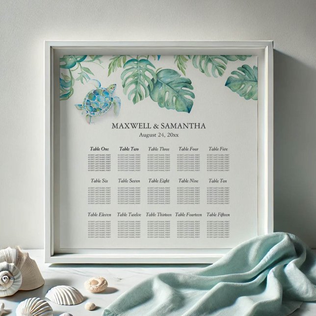 Affiche GRAPHIQUE DE PLAGE Mariage DE PLAGE Tortue de mer  (wedding seating chart watercolor sea turtle and palm leaves by Victoria Grigaliunas Do Tell A Belle)