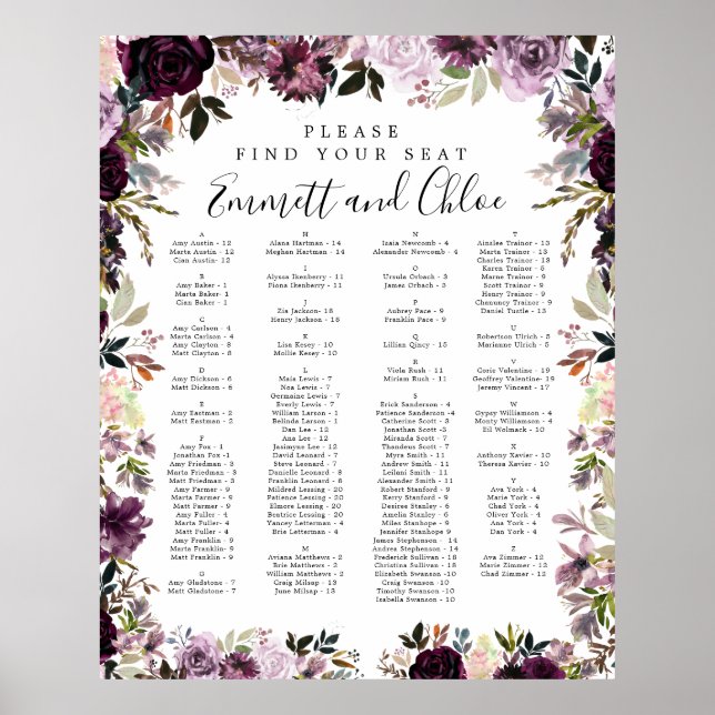 Affiche Graphique de siège alphabétique floral rose pourpr (Devant)